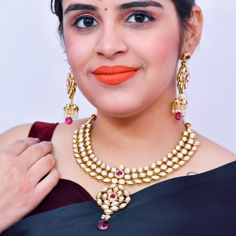Designer Bridal Gold Plated Royal Kundan & Ruby Necklace With Mang Tikka (D562)