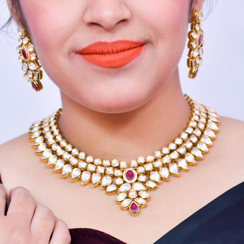 Designer Royal Kundan Ruby Necklace with Earrings & Mangtikka (D596)