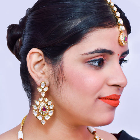 Designer Bridal Gold Plated Royal Kundan & Ruby Necklace With Mang Tikka (D566)