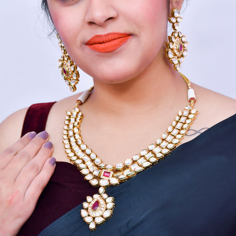 Designer Bridal Gold Plated Royal Kundan & Ruby Necklace With Mang Tikka (D566)