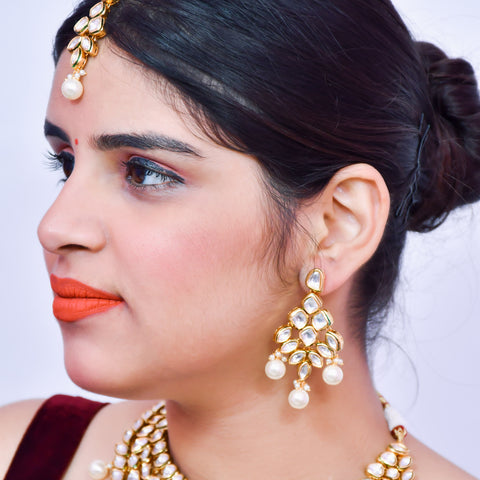 Designer Gold Plated Royal Kundan Necklace with Earrings & Mangtikka (D604)