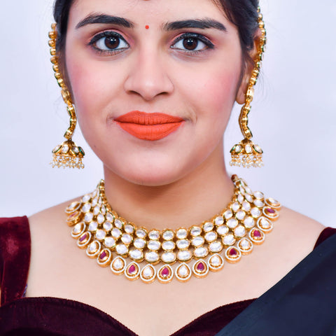 Designer Gold Plated Royal Kundan Ruby Necklace With Mang Tikka (D570)
