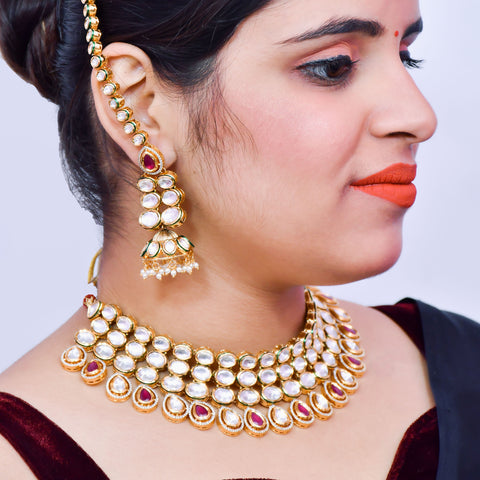 Designer Gold Plated Royal Kundan Ruby Necklace With Mang Tikka (D570)