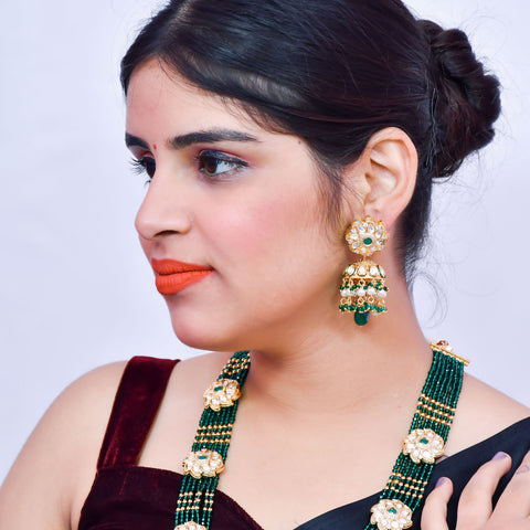 Designer Royal Kundan & Emerald Beads Long Necklace with Earrings (D591)
