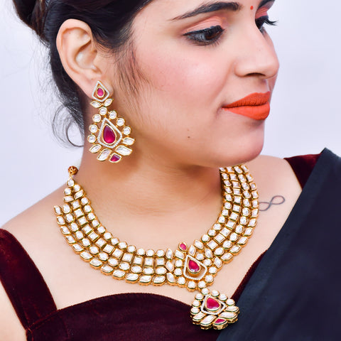 Designer Bridal Gold Plated Royal Kundan & Ruby Necklace With Mang Tikka (D559)