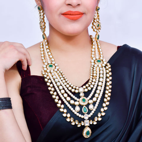 Designer Gold Plated Pearl & Kundan Multi-String Long Necklace Set for Women (D588)
