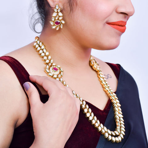 Designer Royal Kundan & Ruby Long Necklace with Earrings (D567)