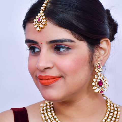 Designer Bridal Gold Plated Royal Kundan & Ruby Necklace With Mang Tikka (D559)