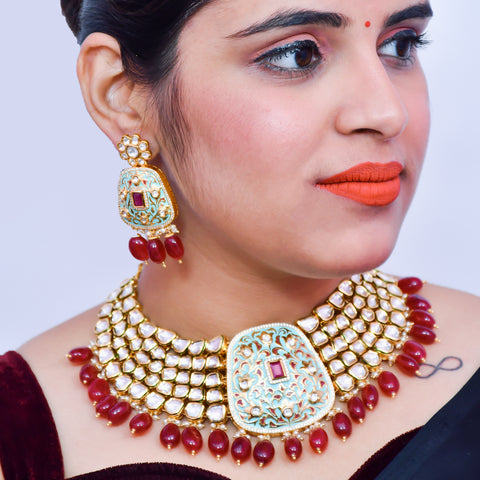 Designer Bridal Gold Plated Royal Kundan Necklace With Mang Tikka (D563)