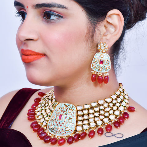 Designer Bridal Gold Plated Royal Kundan Necklace With Mang Tikka (D563)