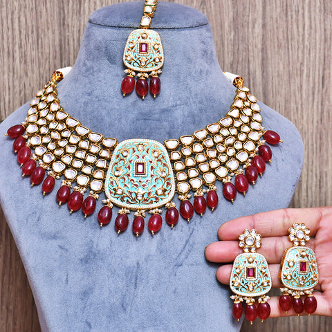 Designer Bridal Gold Plated Royal Kundan Necklace With Mang Tikka (D563)