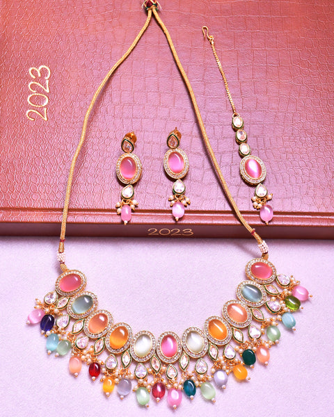 Designer Gold Plated Royal Kundan Multi Color Necklace & Earrings (D639)