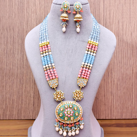 Designer Gold Plated Royal Kundan Blue & Pink Long Necklace (D610)