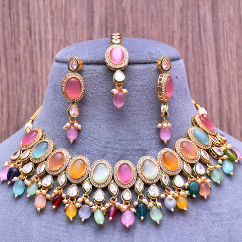 Designer Gold Plated Royal Kundan Multi Color Necklace & Earrings (D639)