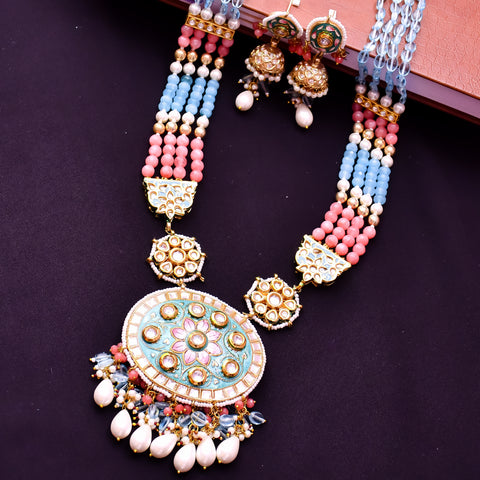 Designer Gold Plated Royal Kundan Blue & Pink Long Necklace (D610)