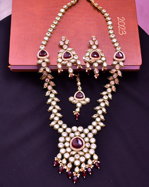 Designer Gold Plated Royal Kundan Ruby Long Necklace With Earrings (D642)