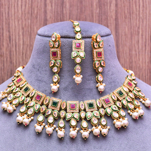 Designer Gold Plated Royal Kundan Ruby & Emerald Color Necklace With Earrings (D638)