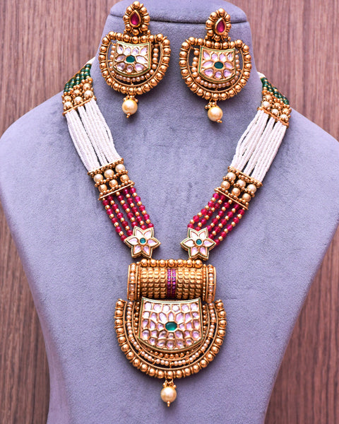Designer Gold Plated Royal Kundan Multi Color Beads Pendant Set (D641)