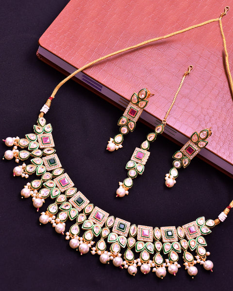Designer Gold Plated Royal Kundan Ruby & Emerald Color Necklace With Earrings (D638)