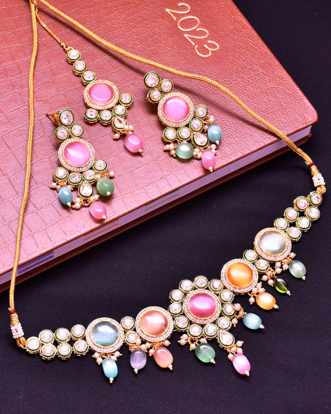 Designer Gold Plated Royal Kundan Multi Color Necklace & Earrings (D637)