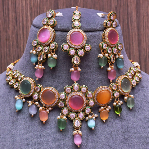 Designer Gold Plated Royal Kundan Multi Color Necklace & Earrings (D637)