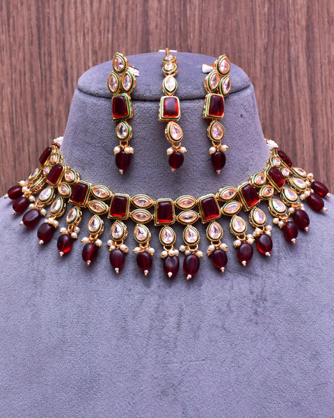Designer Gold Plated Royal Kundan Ruby Color Necklace & Earrings (D635)