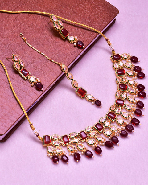 Designer Gold Plated Royal Kundan Ruby Color Necklace & Earrings (D635)