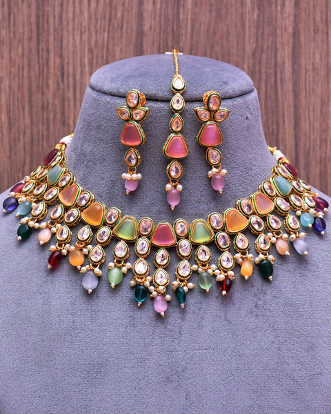 Designer Gold Plated Royal Kundan Multi Color Necklace & Earrings (D633)