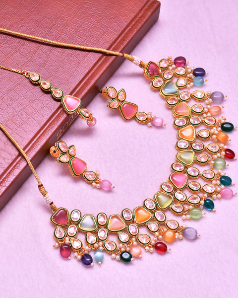 Designer Gold Plated Royal Kundan Multi Color Necklace & Earrings (D633)