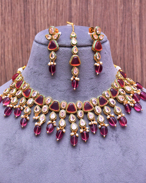 Designer Gold Plated Royal Kundan Ruby Color Necklace & Earrings (D634)