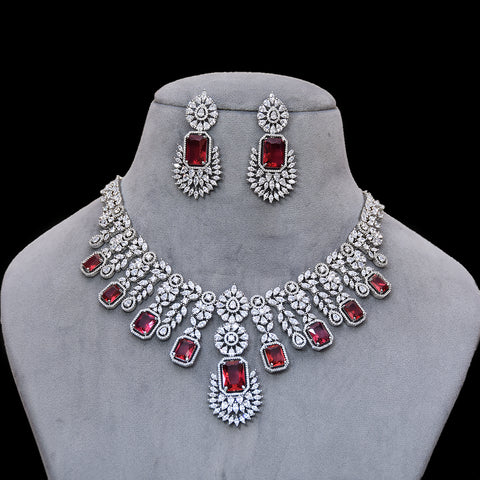 Designer Semi-Precious American Diamond & Ruby Necklace with Earrings (D470)