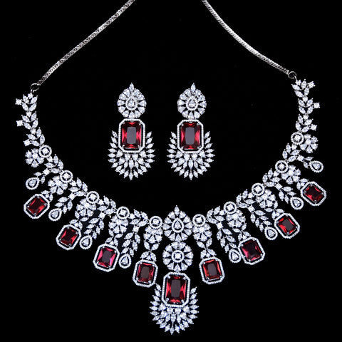 Designer Semi-Precious American Diamond & Ruby Necklace with Earrings (D470)