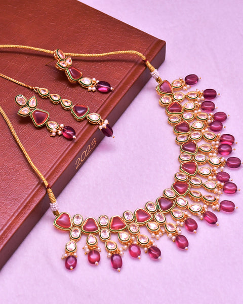 Designer Gold Plated Royal Kundan Ruby Color Necklace & Earrings (D634)