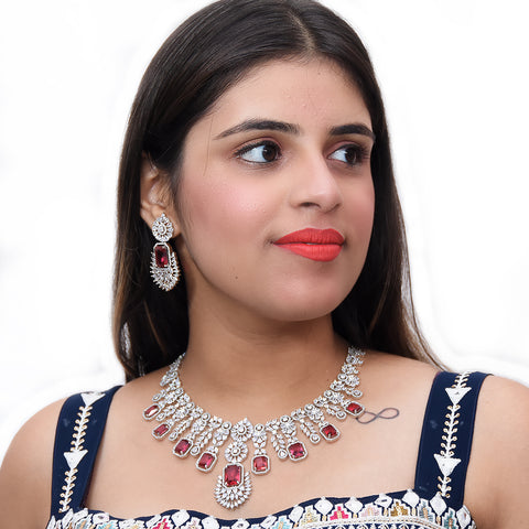Designer Semi-Precious American Diamond & Ruby Necklace with Earrings (D470)