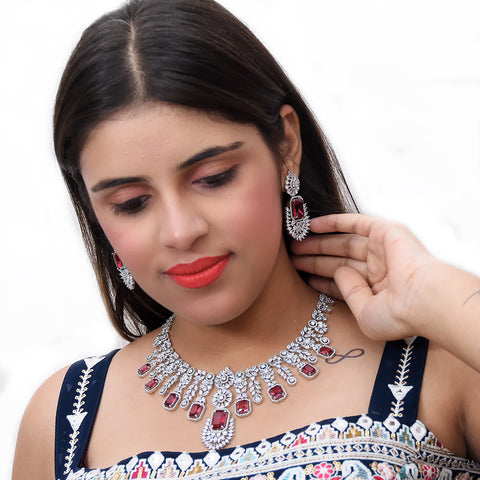 Designer Semi-Precious American Diamond & Ruby Necklace with Earrings (D470)