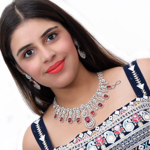 Designer Semi-Precious American Diamond & Ruby Necklace with Earrings (D470)