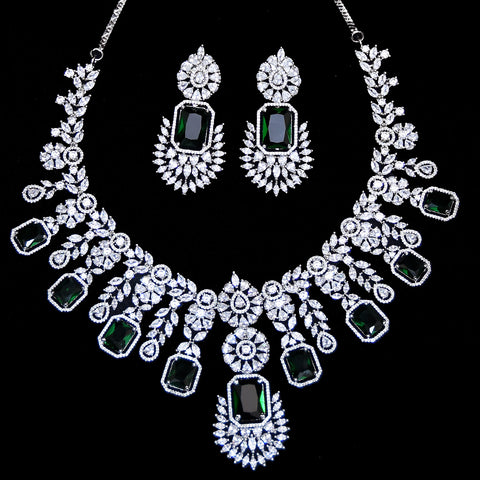 Designer Semi-Precious American Diamond & Green Emerald Necklace with Earrings (D469)