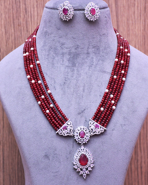 Designer Semi-Precious American Diamond Ruby Beads Necklace with Earrings (D632)