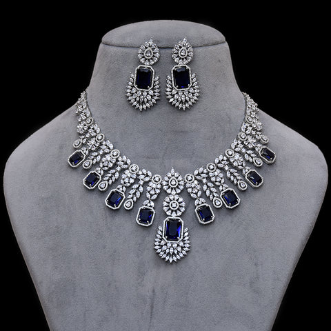 Designer Semi-Precious American Diamond & Blue Sapphire Necklace with Earrings (D468)