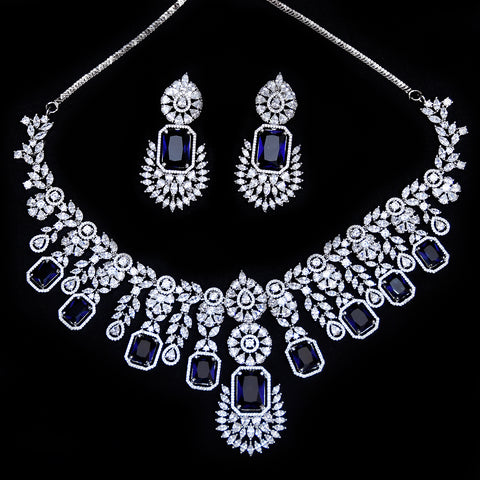 Designer Semi-Precious American Diamond & Blue Sapphire Necklace with Earrings (D468)