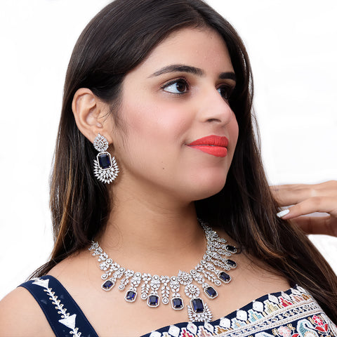 Designer Semi-Precious American Diamond & Blue Sapphire Necklace with Earrings (D468)