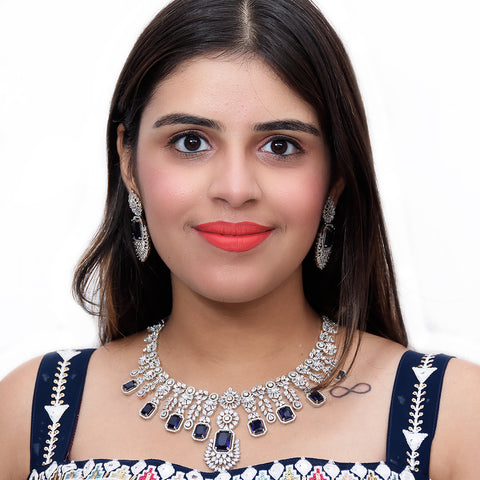 Designer Semi-Precious American Diamond & Blue Sapphire Necklace with Earrings (D468)