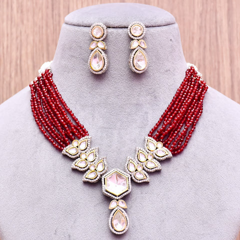Designer Semi-Precious American Diamond & Ruby Color Beads Necklace with Earrings (D625)