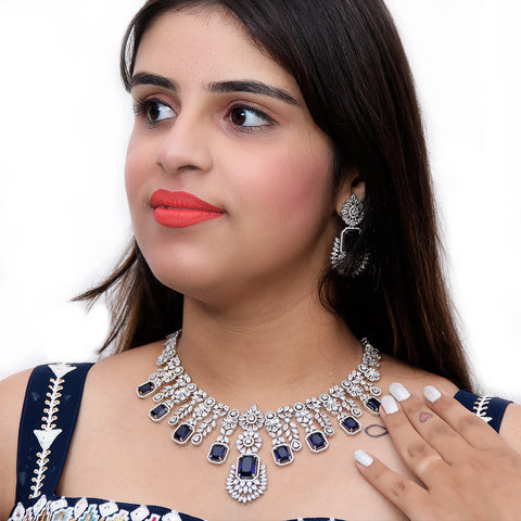 Designer Semi-Precious American Diamond & Blue Sapphire Necklace with Earrings (D468)