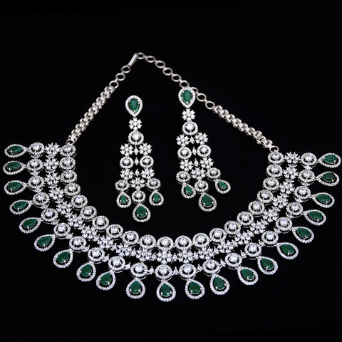 Designer Semi-Precious American Diamond & Green Emerald Necklace with Earrings (D460)