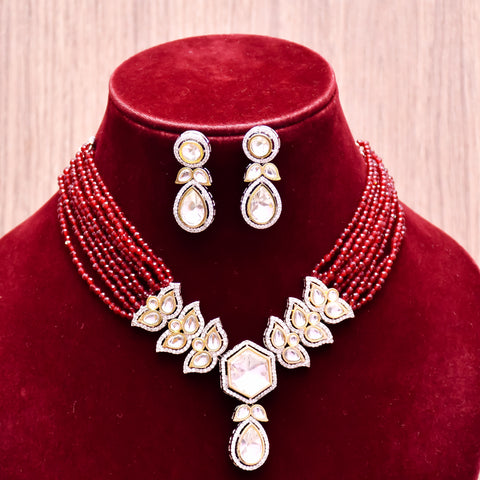 Designer Semi-Precious American Diamond & Ruby Color Beads Necklace with Earrings (D625)