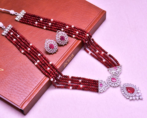 Designer Semi-Precious American Diamond Ruby Beads Necklace with Earrings (D632)