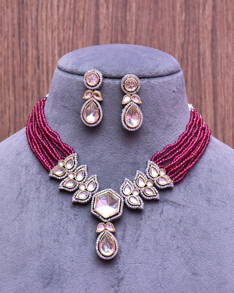 Designer Semi-Precious American Diamond & Ruby Color Beads Necklace with Earrings (D631)