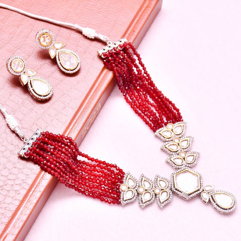 Designer Semi-Precious American Diamond & Ruby Color Beads Necklace with Earrings (D625)