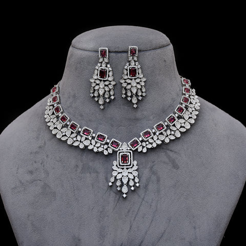 Designer Semi-Precious American Diamond & Ruby Necklace with Earrings (D456)